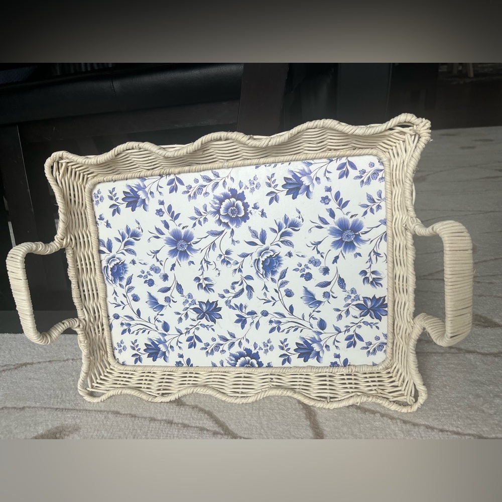 Wicker Tray with Blue Floral Design